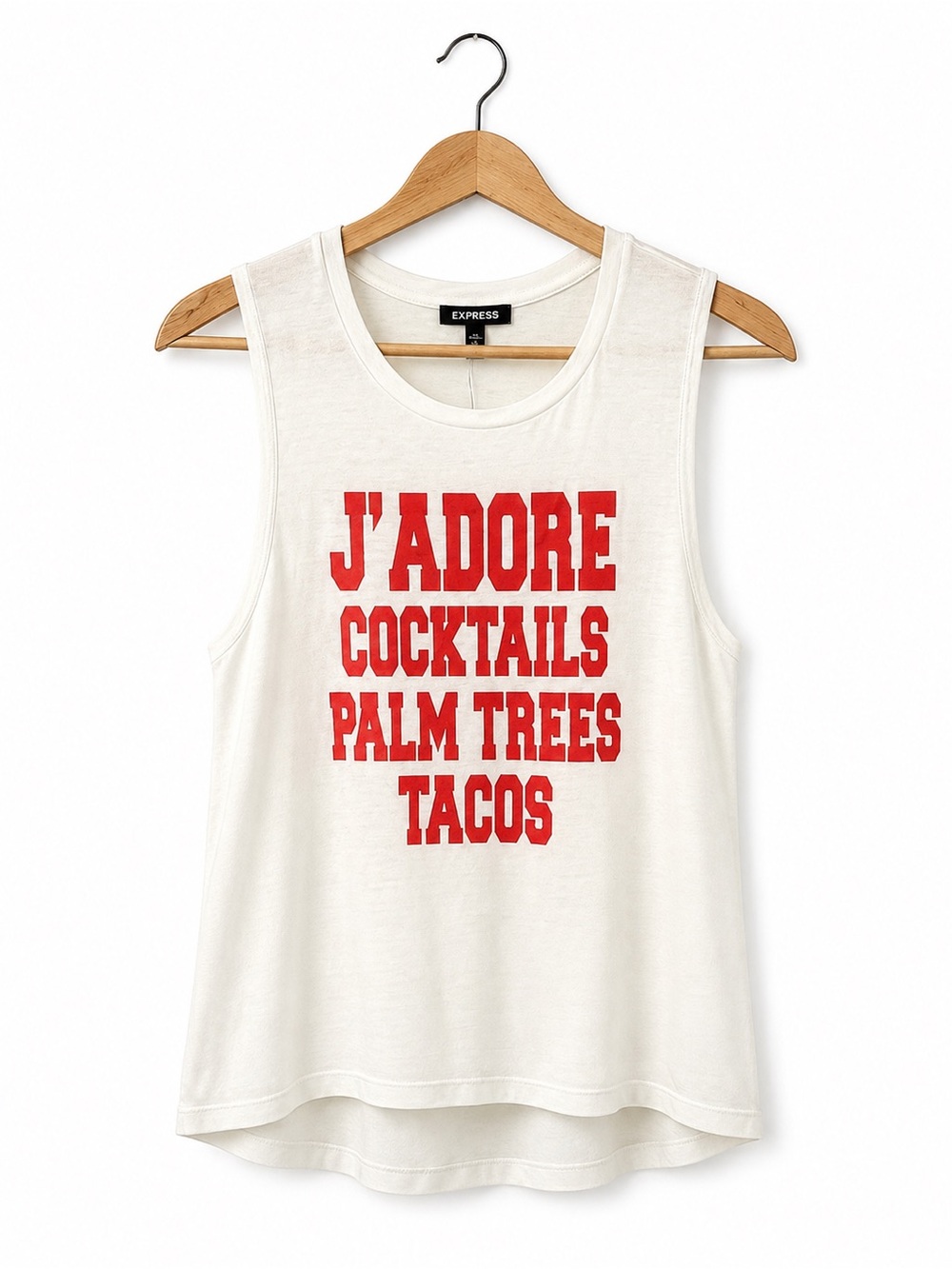 Express NWT J’Adore Cocktails Palm Trees Tacos Graphic Tank Top S playful vacay